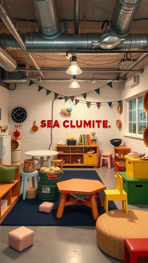 A colorful playroom featuring industrial design elements like exposed ductwork and concrete flooring, along with various playful furniture and decorations.