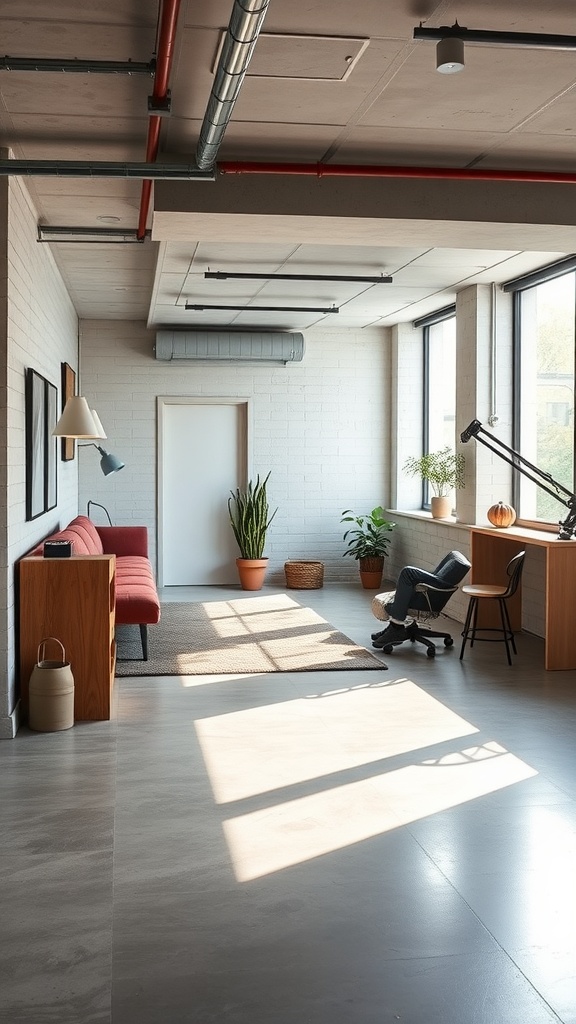 A modern basement interior with polished concrete flooring, featuring natural light, plants, and stylish furniture.