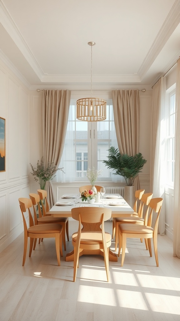 A dining room with refined cream walls, a large table, and wooden chairs, featuring natural light and greenery.