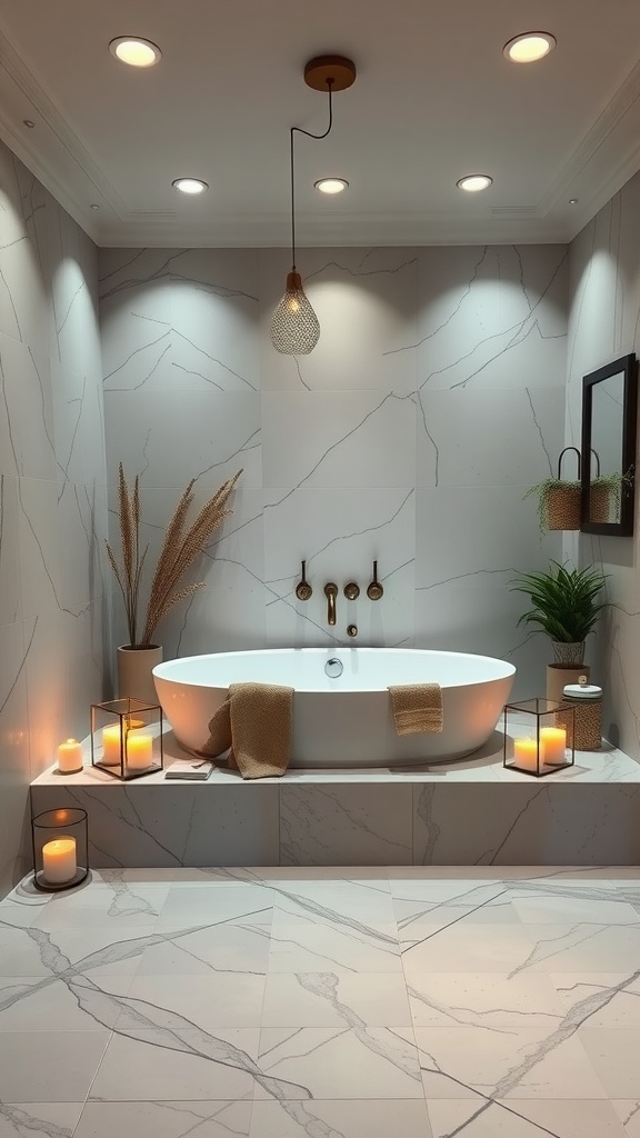 A beautifully designed spa-like bathroom featuring a freestanding bathtub, soft lighting, candles, and plants