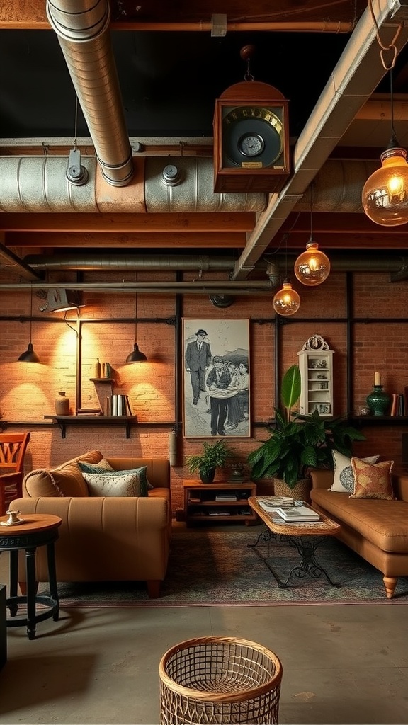 Cozy industrial basement with repurposed furniture, warm lighting, and decorative elements.