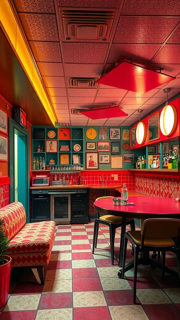 A colorful retro lounge with red and yellow accents, checkerboard flooring, and vintage decor.