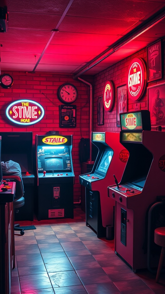 A retro arcade corner with classic arcade machines and neon lights