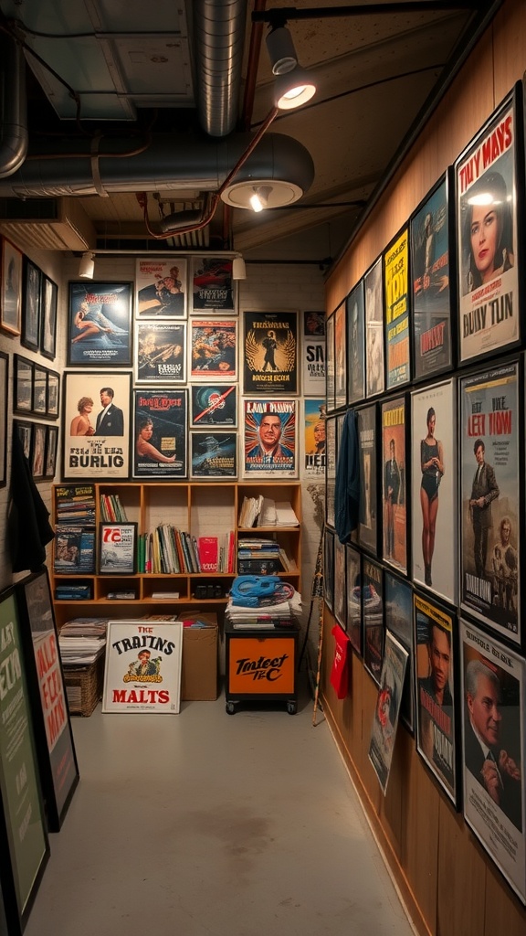 Image of a retro movie poster gallery in a basement setting.