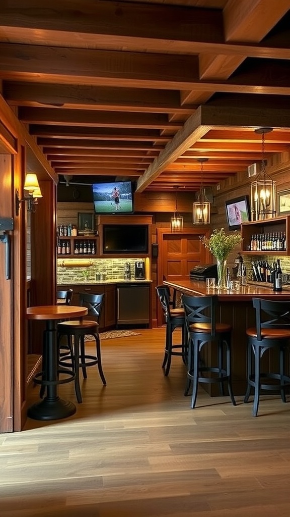 Interior of a rustic bar and lounge area with wooden beams, bar counter, and seating.