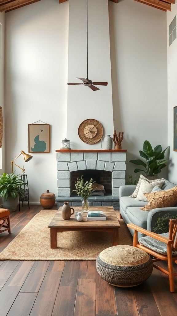 A cozy boho living room featuring a stone fireplace, wooden beams, and a mix of rustic and bohemian decor