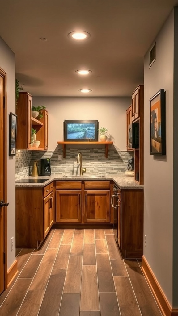 A cozy basement kitchenette with wooden cabinets, gray tiled backsplash, and warm lighting.