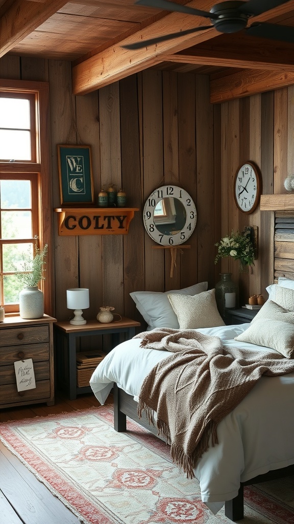 A cozy rustic farmhouse bedroom featuring wooden walls, a bed with white linens, and natural light from large windows.