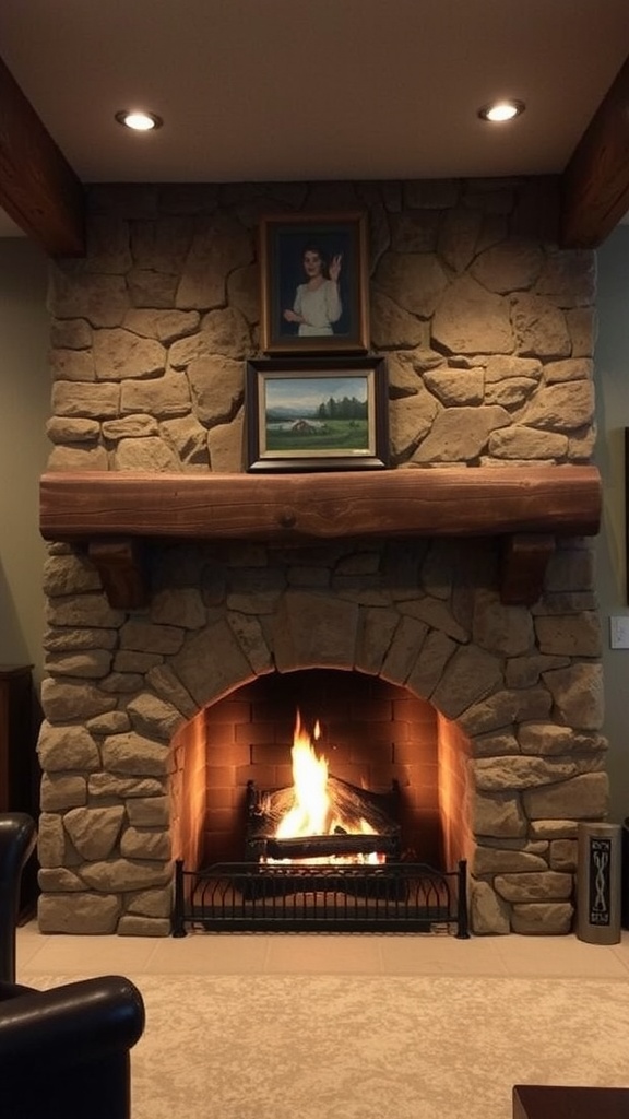 A rustic stone fireplace with a warm glow, featuring a wooden mantel and cozy seating.