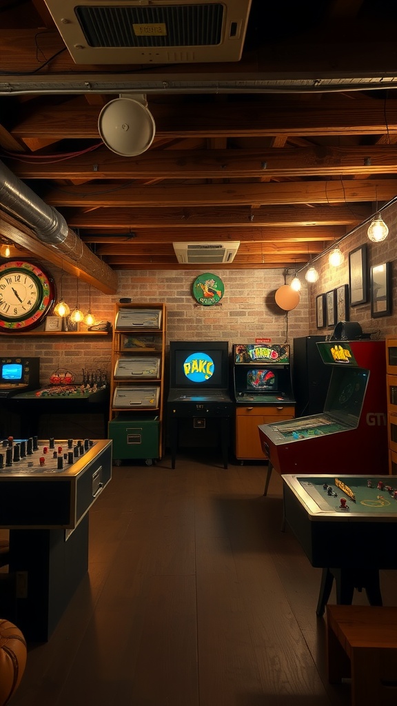 A rustic game loft featuring arcade machines, foosball table, and warm lighting.