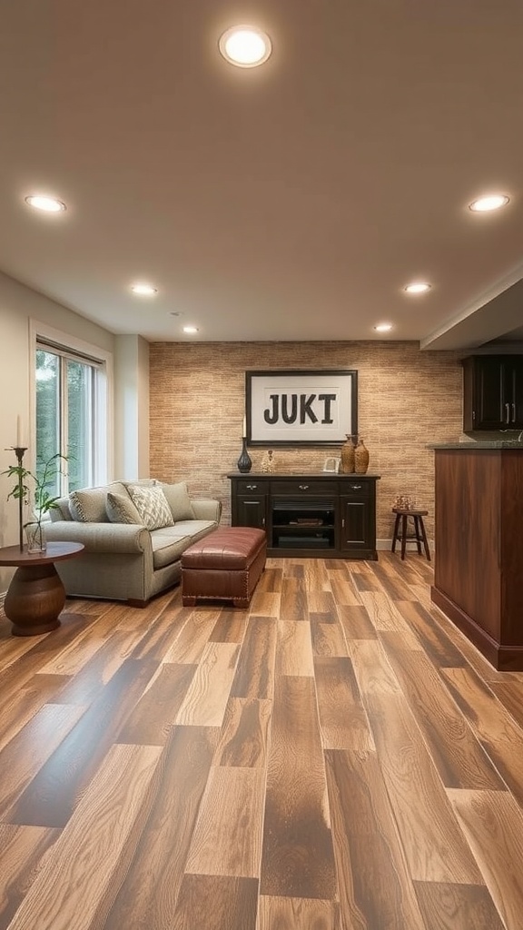 A cozy basement with rustic wood-look epoxy flooring, featuring a sofa and a dark cabinet.