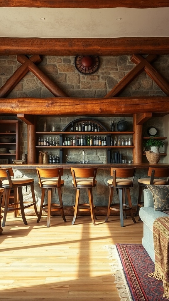 A rustic living room bar made of wood and stone, with shelves displaying various bottles, wooden stools, and a cozy atmosphere.