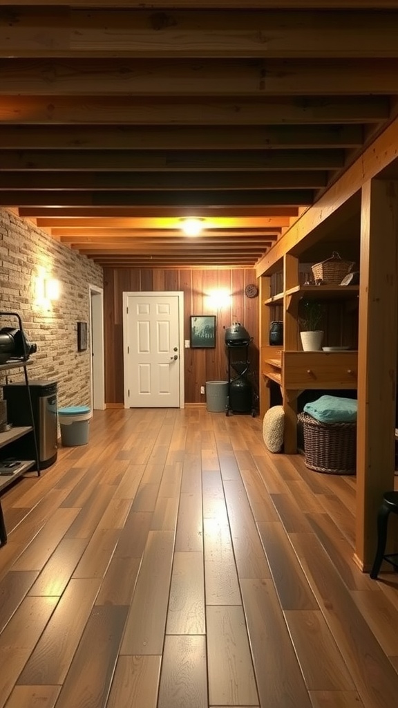 A spacious basement with rustic wood laminate flooring, wooden beams, and a cozy atmosphere.