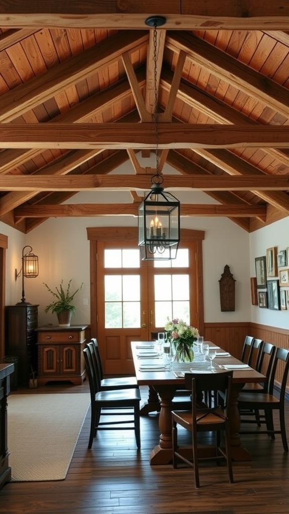 Dining room with rustic wooden beams and lanterns, featuring a long dining table and fresh flowers.