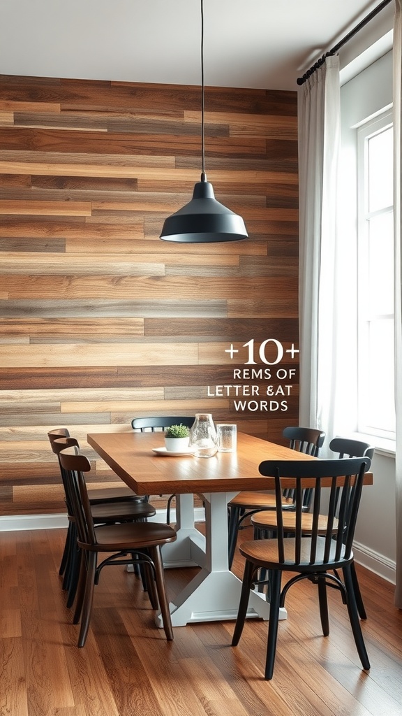 A cozy dining room with rustic wooden wall panels and a simple dining table.