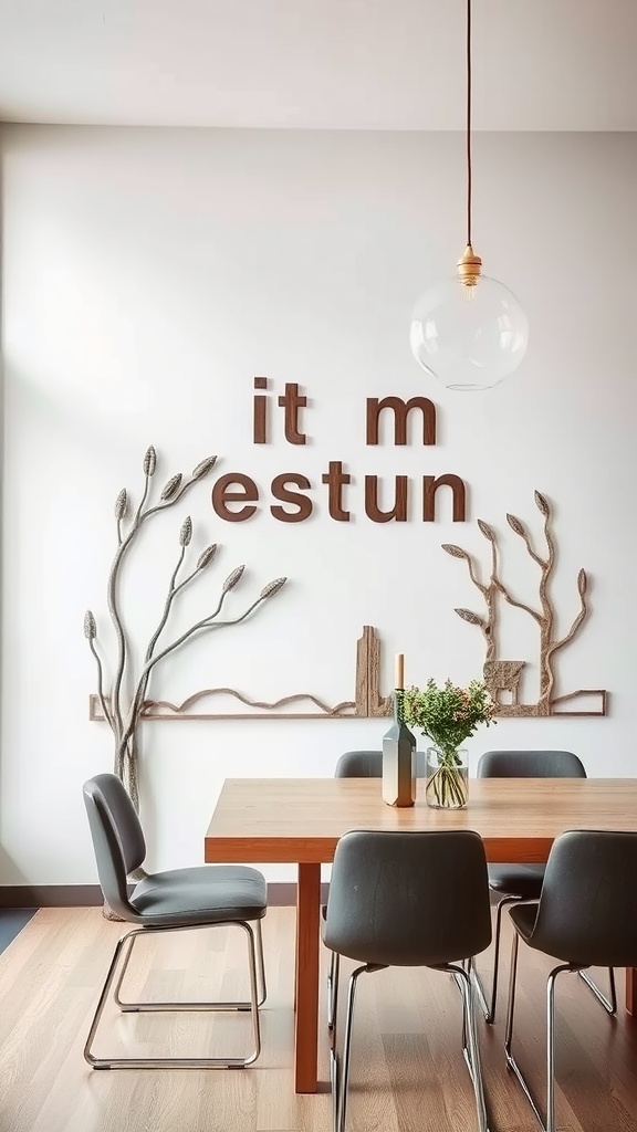Sculptural wall art featuring wooden letters and organic forms in a dining room setting