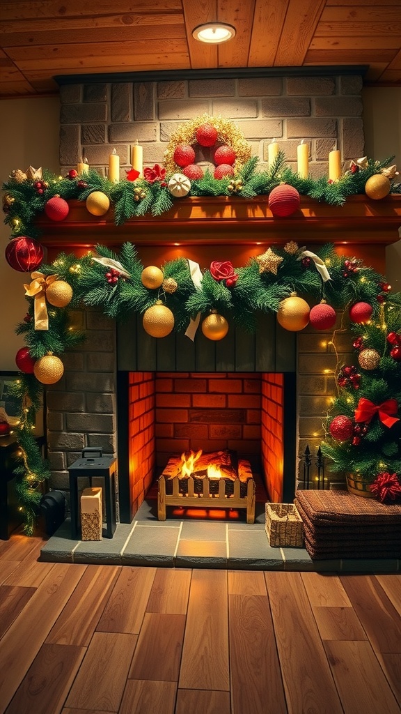 A decorated basement fireplace with a festive garland, candles, and a small Christmas tree