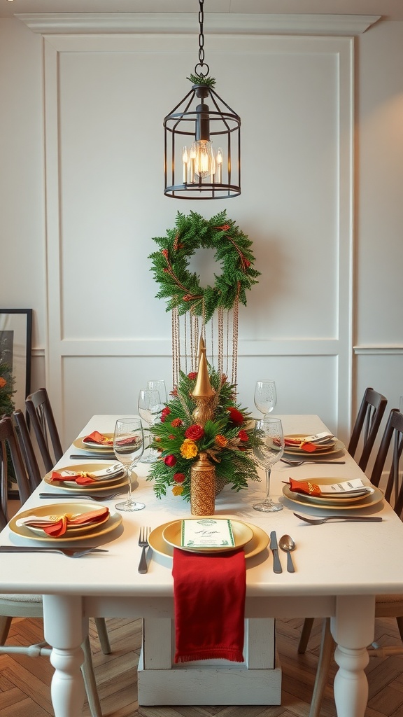 A holiday-themed dining table set with greenery, golden accents, and red napkins.