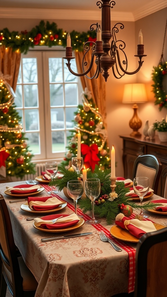 A beautifully decorated dining table for winter with red accents and a festive centerpiece.