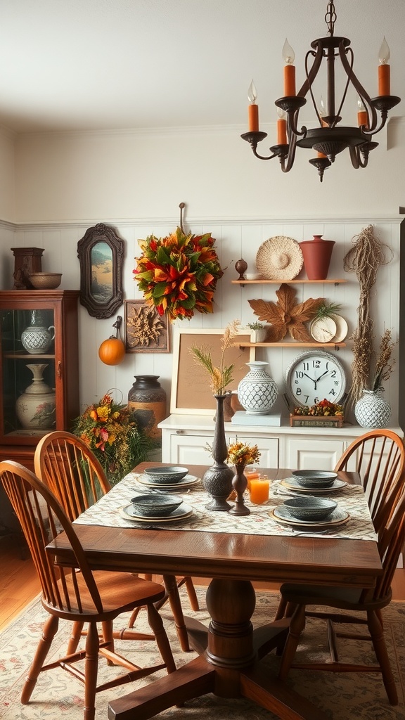 Cozy dining room decorated for autumn with a wreath, pumpkins, and warm colors.