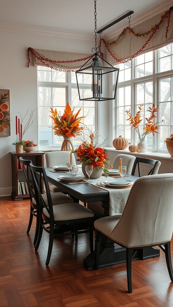 A modern dining room decorated for autumn with colorful foliage, pumpkins, and warm tones.