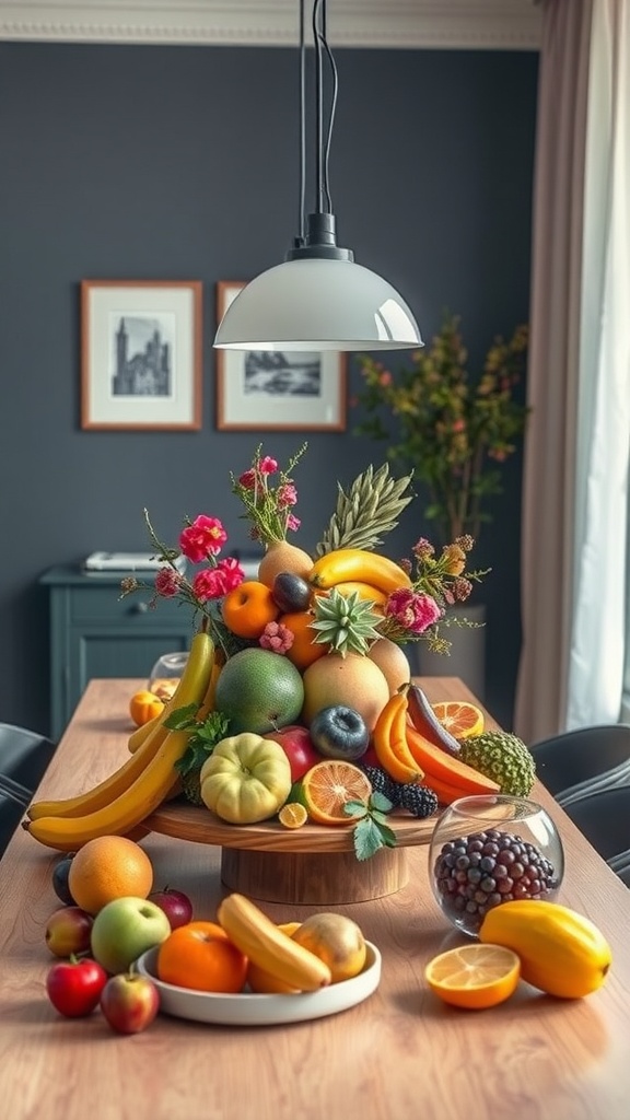 A vibrant fruit display as a centerpiece on a dining table, featuring various fruits and flowers.