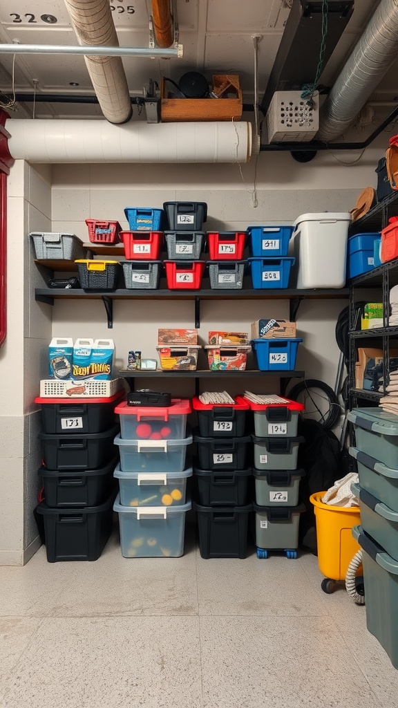 A well-organized basement with labeled storage bins stacked on shelves.