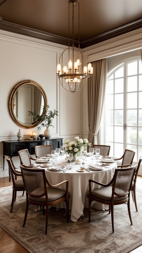 Elegant formal dining room with guests seated at round tables, encouraging conversation