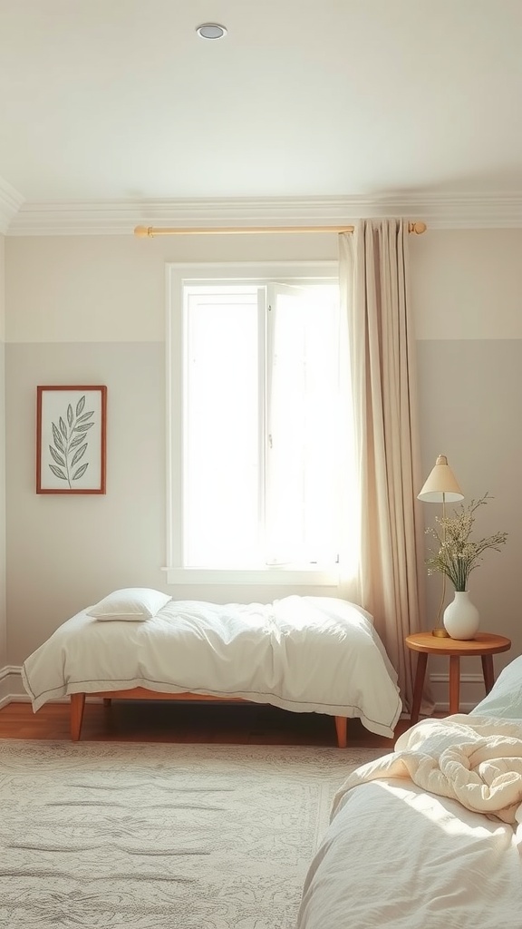 A serene bedroom with neutral colors, a window for natural light, a small bed, and a wooden side table with a plant.