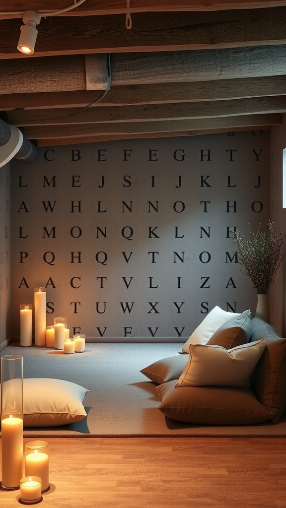 A serene meditation space in a basement with candles, cushions, and a lettered wall.