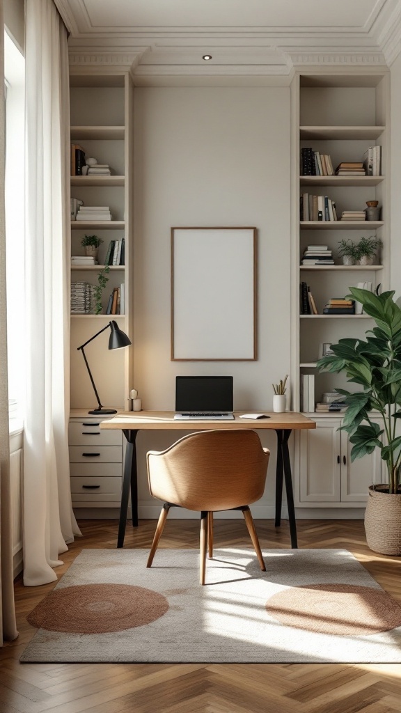 A serene private office in a basement featuring a desk, chair, and organized shelves.