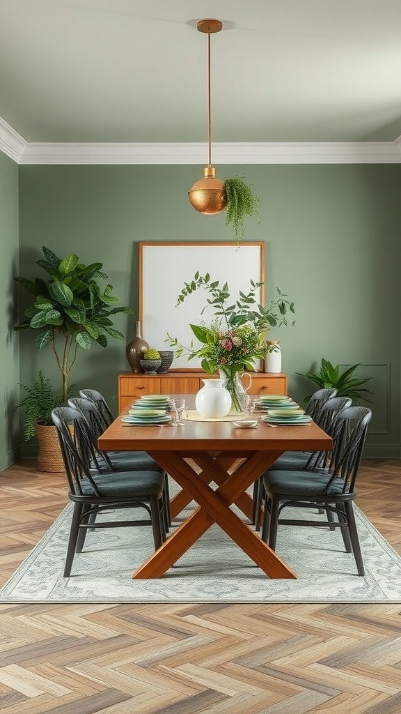 A dining room with sage green walls, a wooden table, and plants.