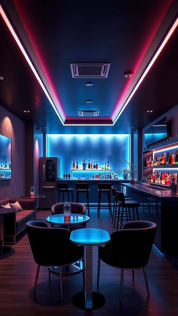 A contemporary basement bar featuring LED lighting, a sleek design, and comfortable seating.