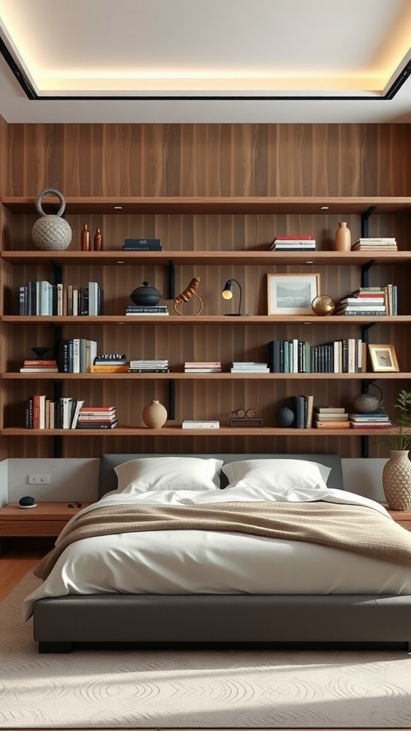 A modern bedroom featuring sleek floating shelves filled with books and decor, adding style and function to the space.