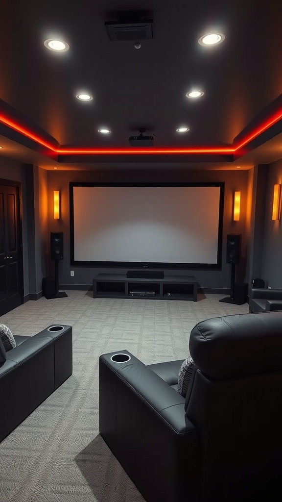 A sleek home theater setup with comfortable seating, ambient lighting, and a large screen.