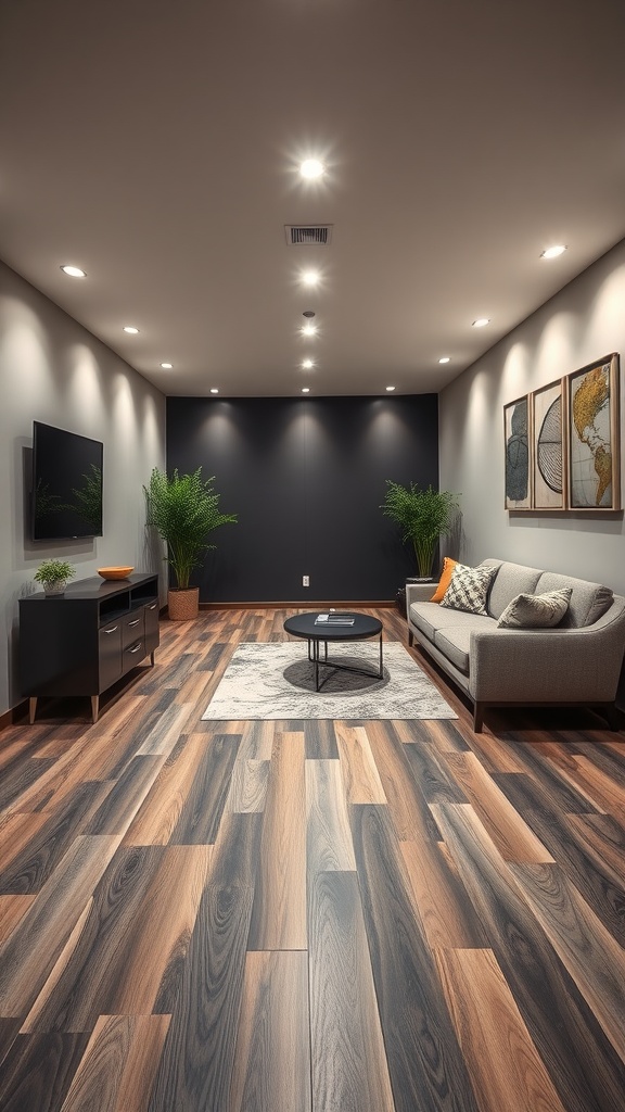 A modern basement with sleek laminate flooring, featuring a cozy seating area and decorative plants.