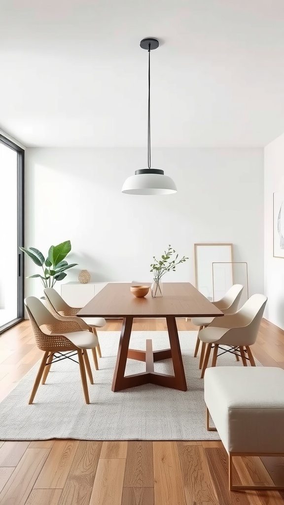 A minimalist dining room featuring a wooden table, modern chairs, and natural light.