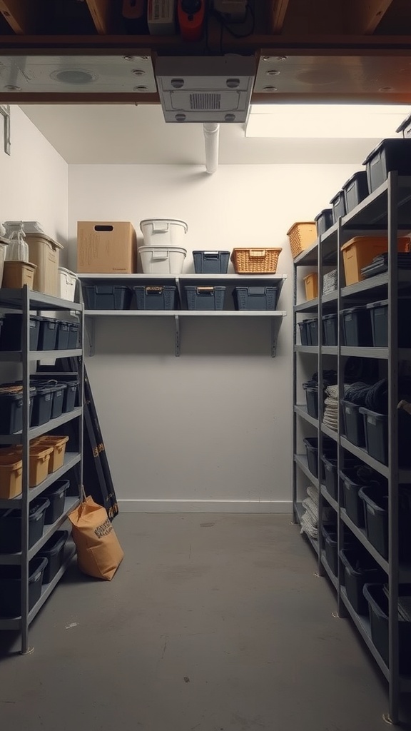 A minimalist storage area in a basement with organized shelves and various containers.