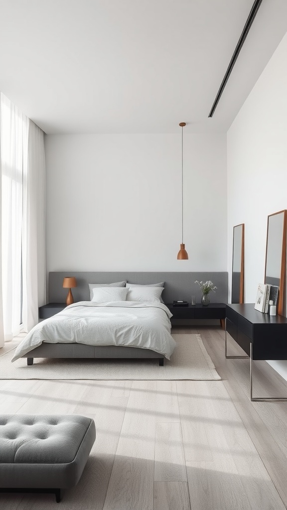 A modern minimalist bedroom featuring a low-profile bed, soft linens, a stylish ottoman, and large windows with sheer curtains.