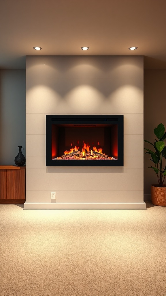 A modern electric fireplace integrated into a stylish basement setting with warm lighting.