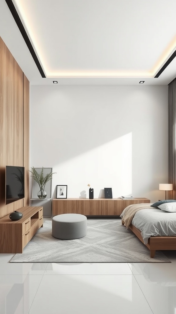 Modern bedroom with smart tech integration featuring wooden furniture and stylish decor