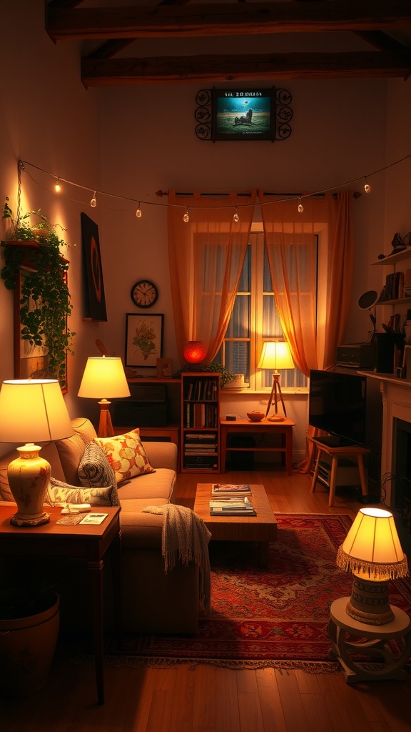 A cozy living room with soft lighting, string lights, and warm decor.