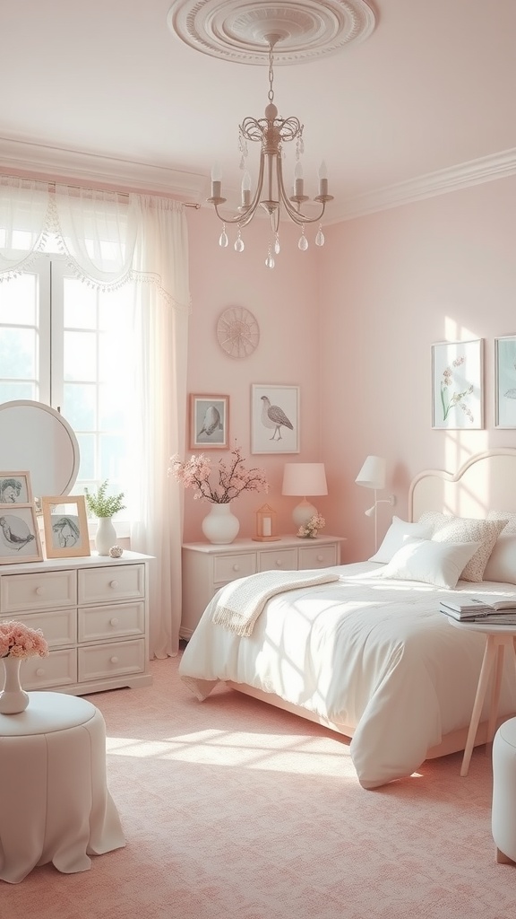 A cozy bedroom featuring soft pink walls, white furniture, a chandelier, and decorative elements.