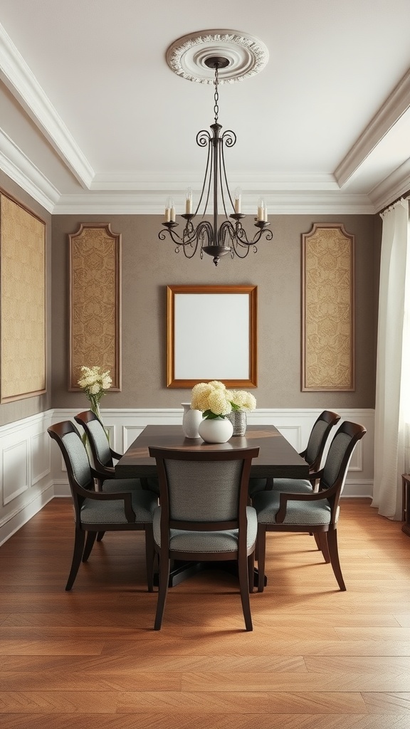 Elegant formal dining room with textured wall treatments and stylish furniture