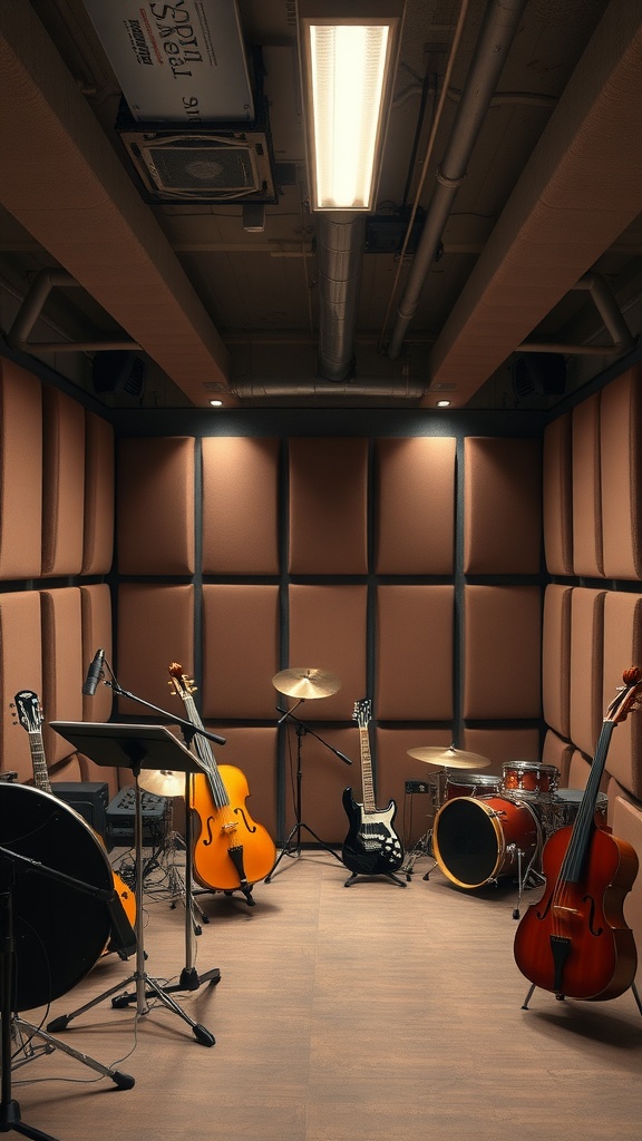 A soundproof music room featuring various musical instruments including guitars, drums, and a cello.