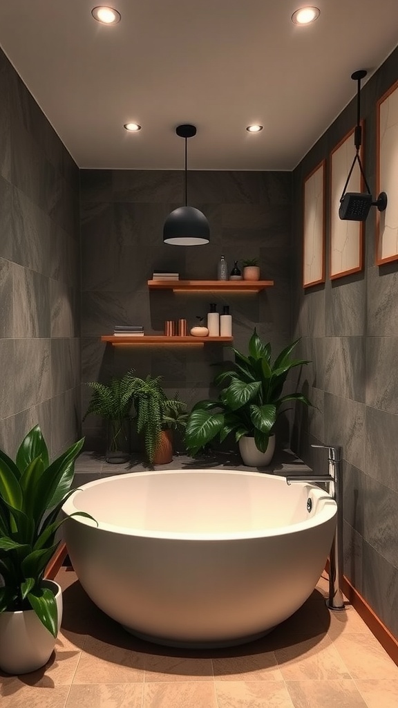 A modern spa-like bathroom with a round tub, plants, and minimal decor.