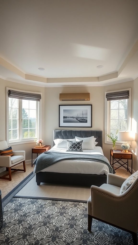 A spacious guest suite featuring large windows, a comfortable bed, and cozy armchairs.