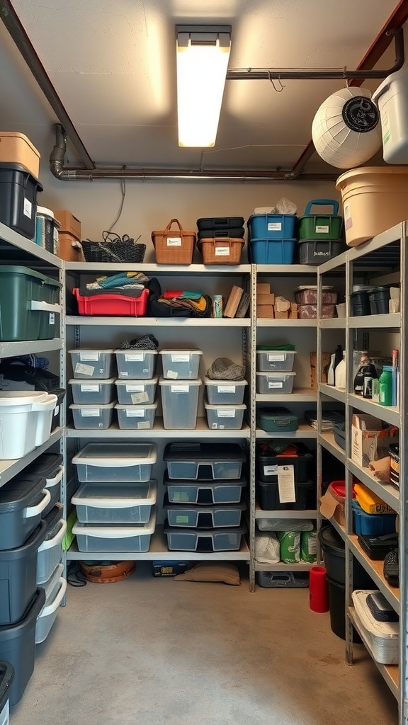 Organized basement storage area with shelves and various labeled bins.