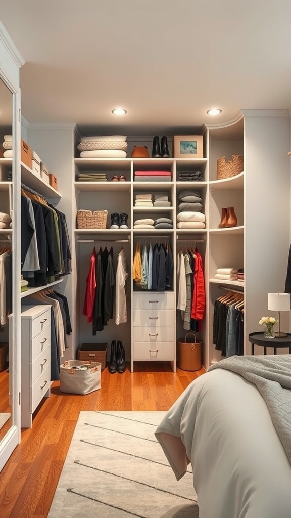 A spacious walk-in closet with neatly arranged shelves, hanging clothes, and a warm wooden floor.