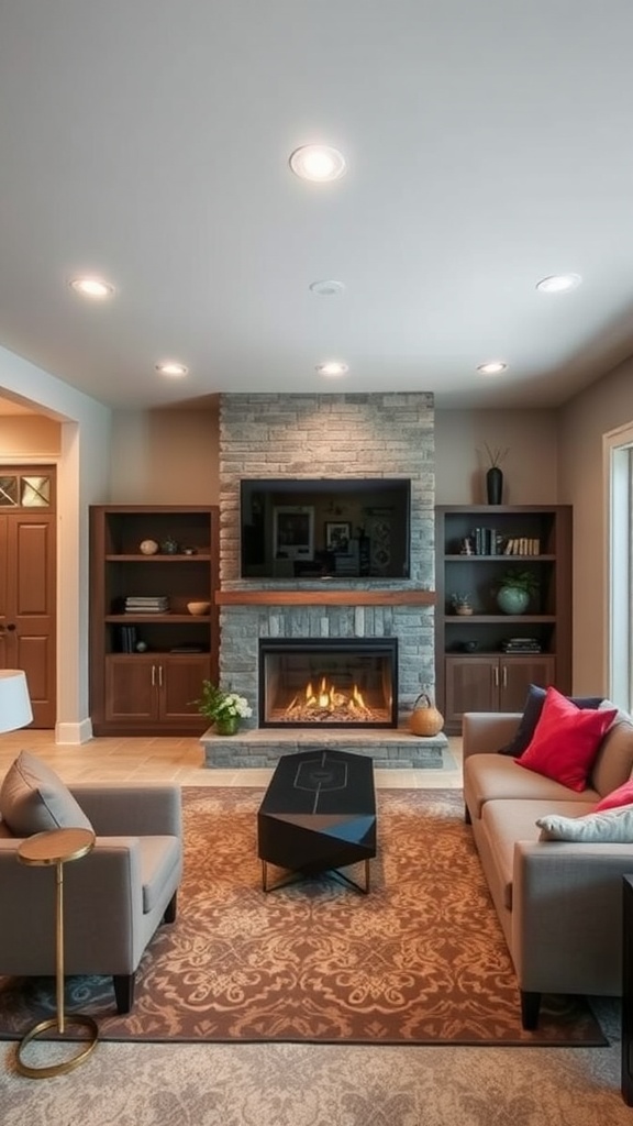 Split-level fireplace in a modern living room with seating and decor
